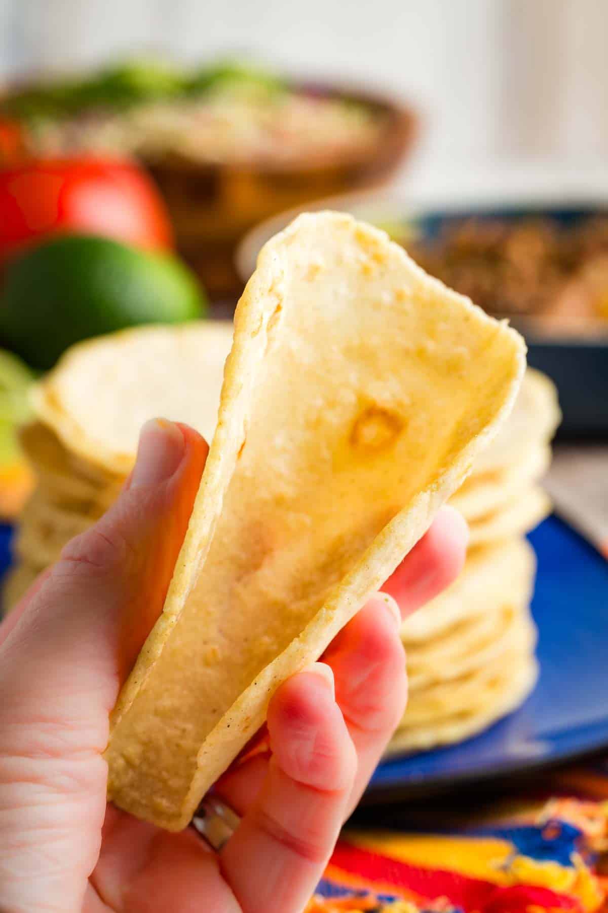A hand holds a homemade corn tortilla.