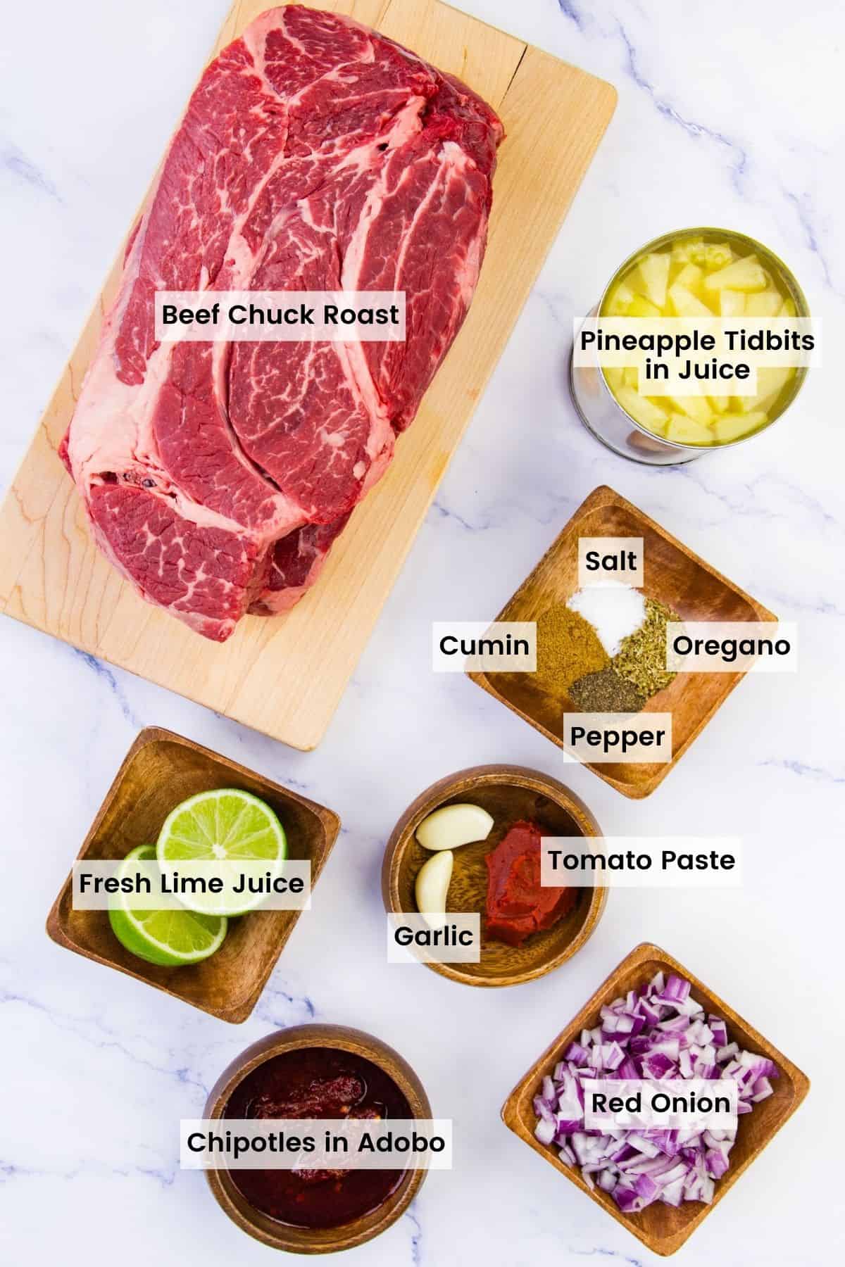 The ingredients for crockpot barbacoa are portioned and text-labeled.