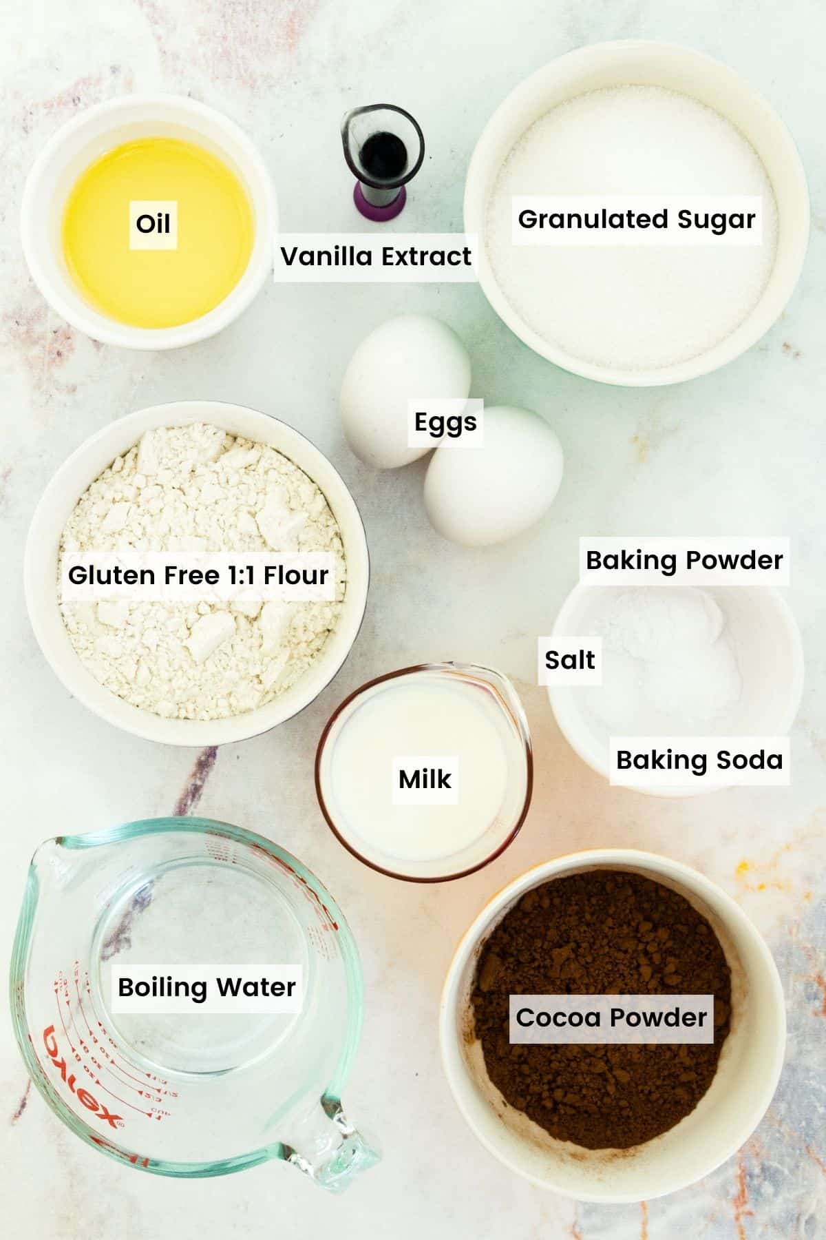 Labeled ingredients for gluten free chocolate cupcakes.