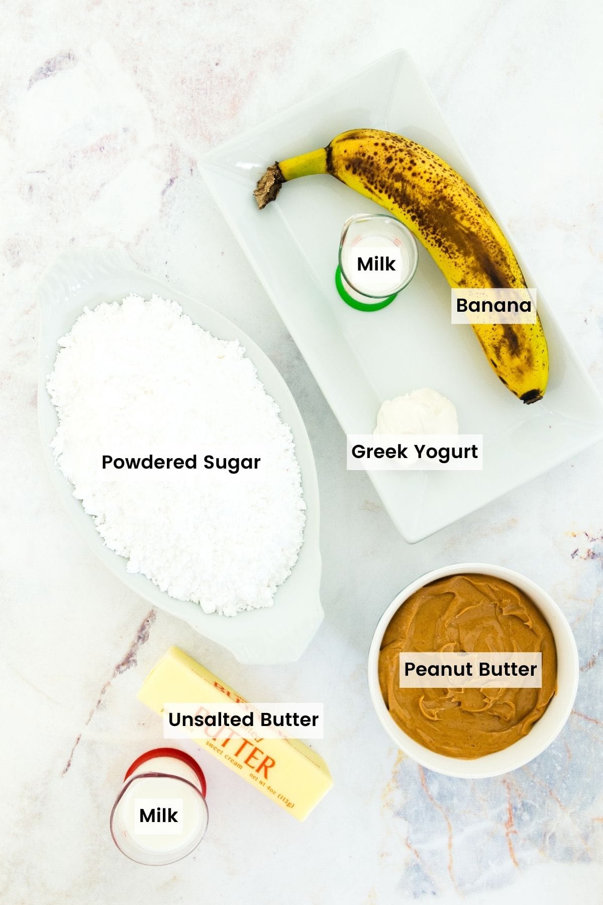 Labeled ingredients for the peanut butter frosting and banana filling.