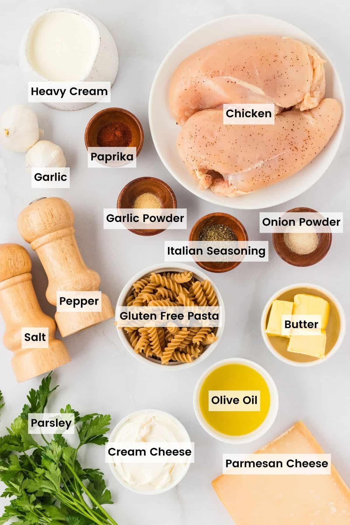 Garlic parmesan chicken pasta drapes tender chicken breasts in a rich and creamy sauce that's paired with gluten free pasta. Ingredients for garlic parmesan chicken pasta are text-labeled.