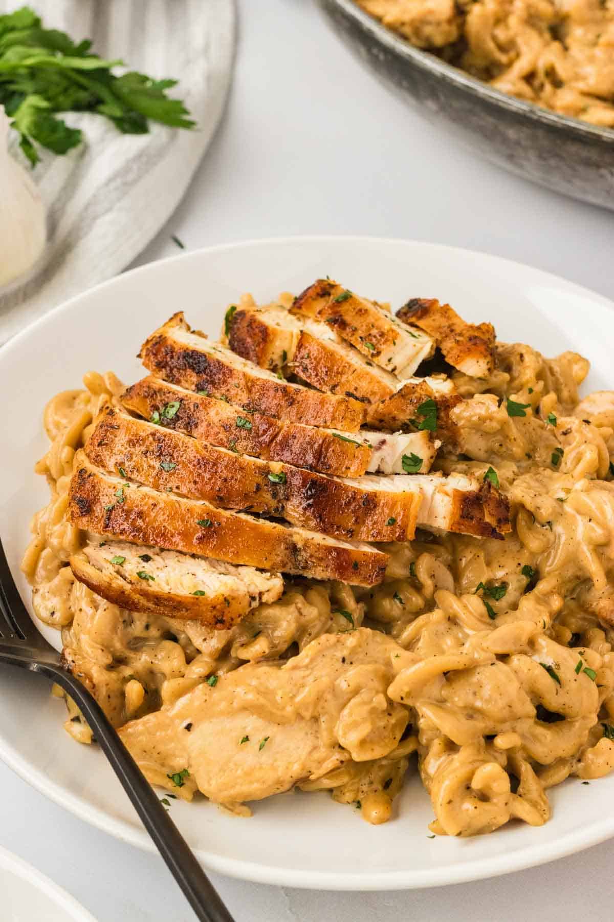 Garlic parmesan chicken pasta drapes tender chicken breasts in a rich and creamy sauce that's paired with gluten free pasta. Slices of chicken with pasta on a plate.