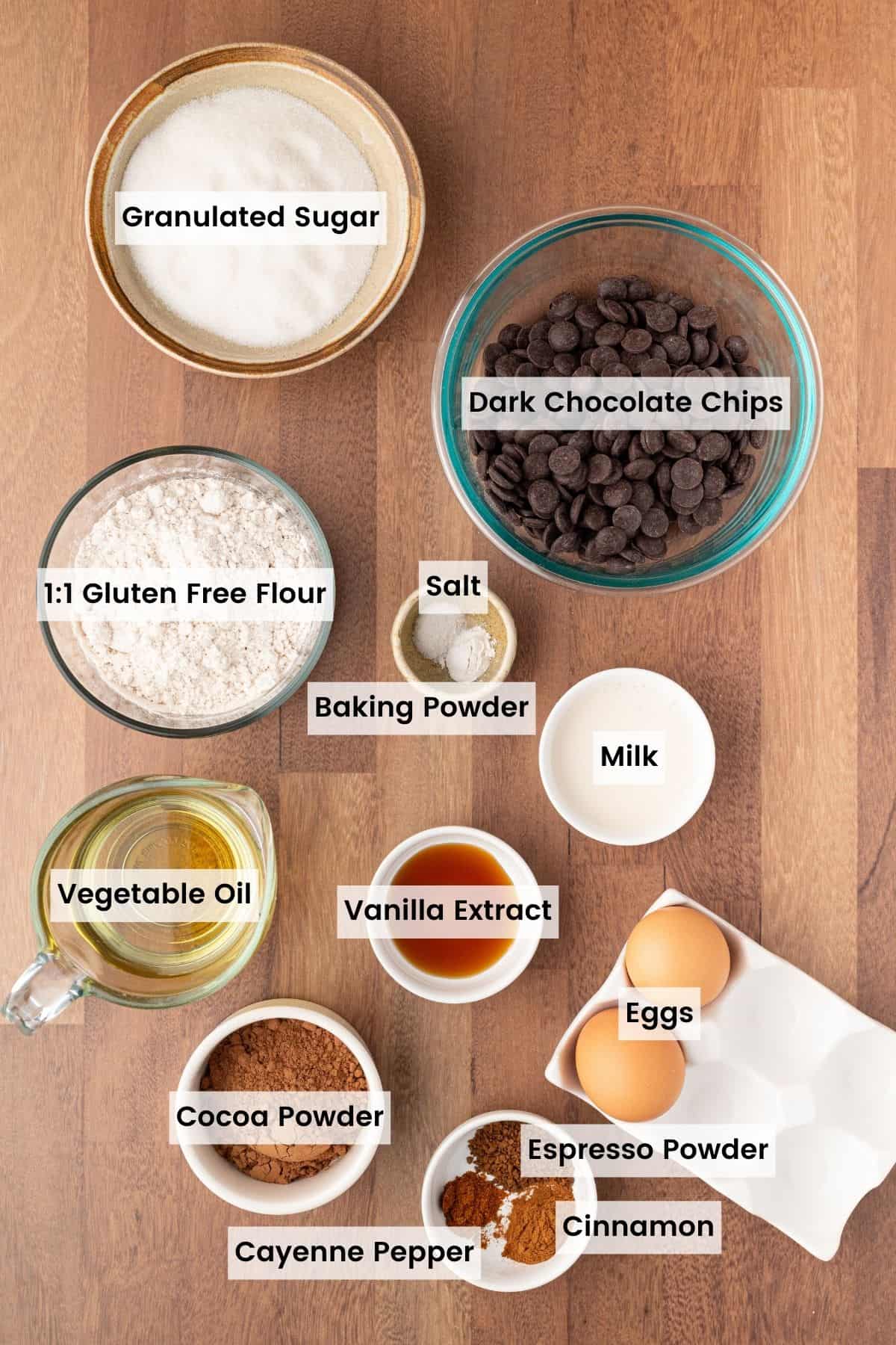 Ingredients for Mexican brownies are portioned out and text-labeled.