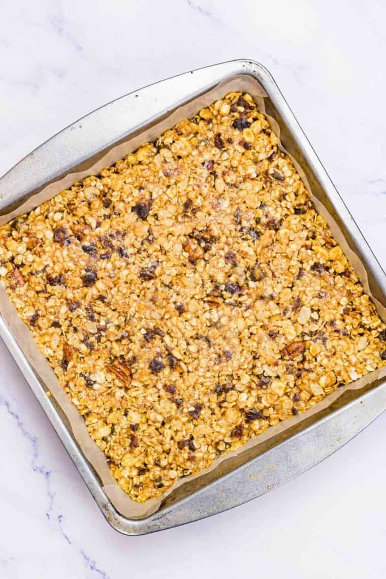 A pan of uncut no bake granola bars.