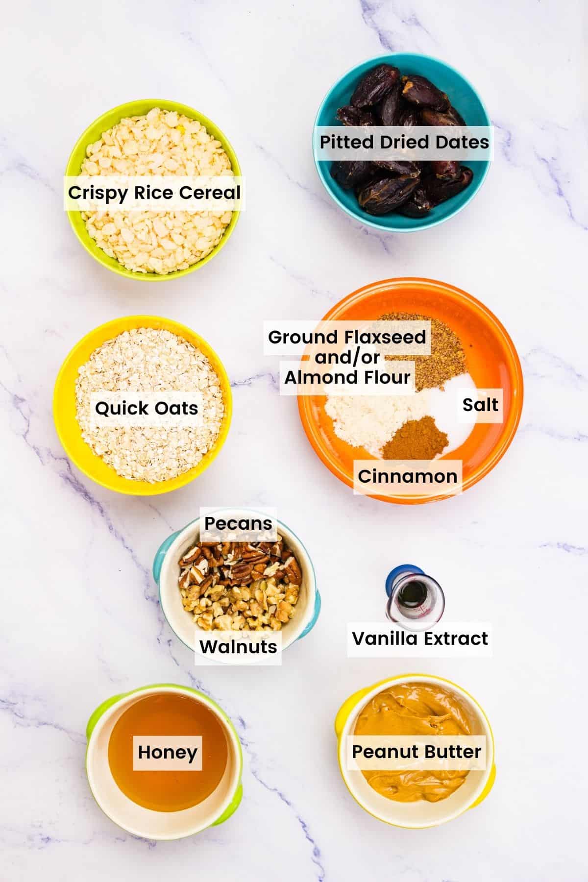 Ingredients for no bake granola bars are text-labeled.