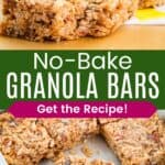 A granola bar with a bite taken out of it and several bars in a metal pan divided by a green box with text overlay that says "No-Bake Granola Bars" and the words "Get the Recipe!".