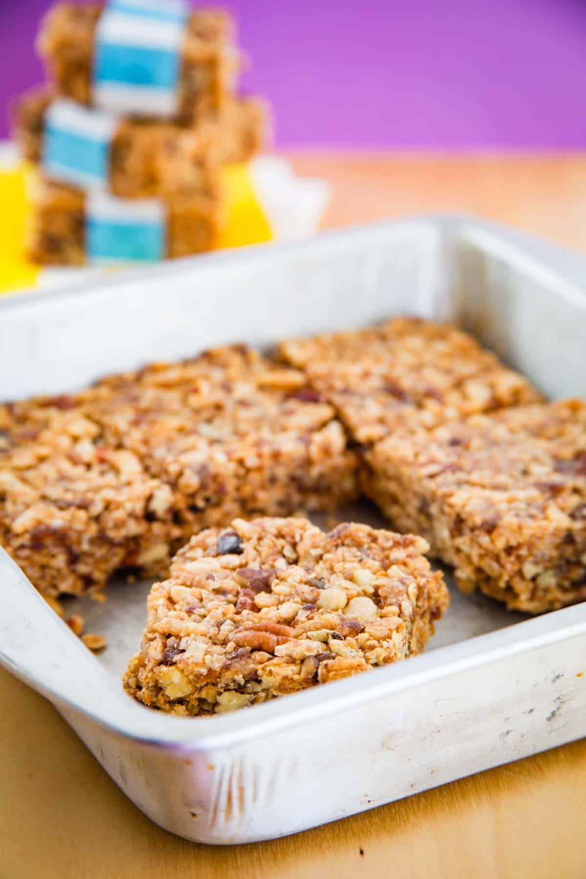No bake granola bars in a white baking dish.