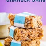 A stack of granola bars on a striped napkin with text overlay that says "No-Bake Granola Bars".