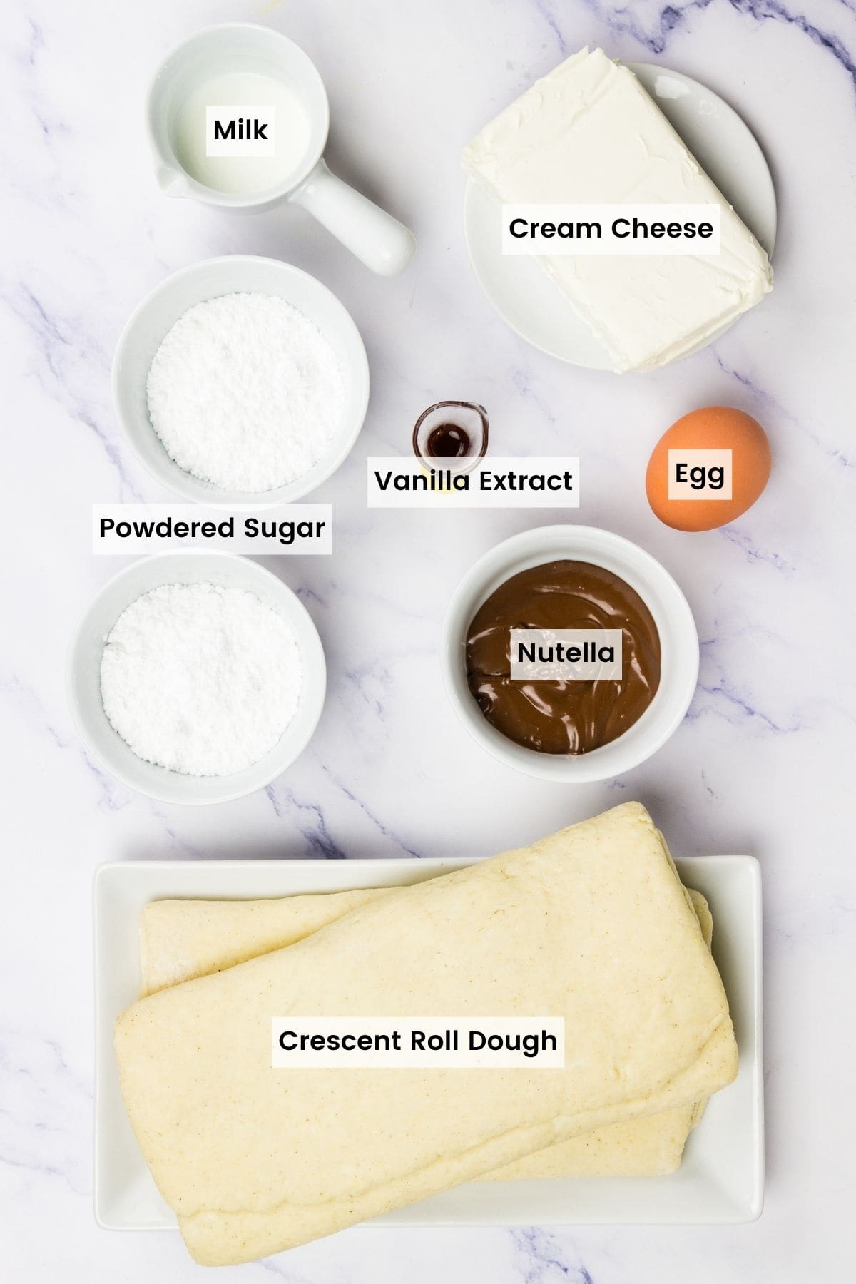 Ingredients for Nutella pastry including gluten-free crescent roll dough are text-labeled.