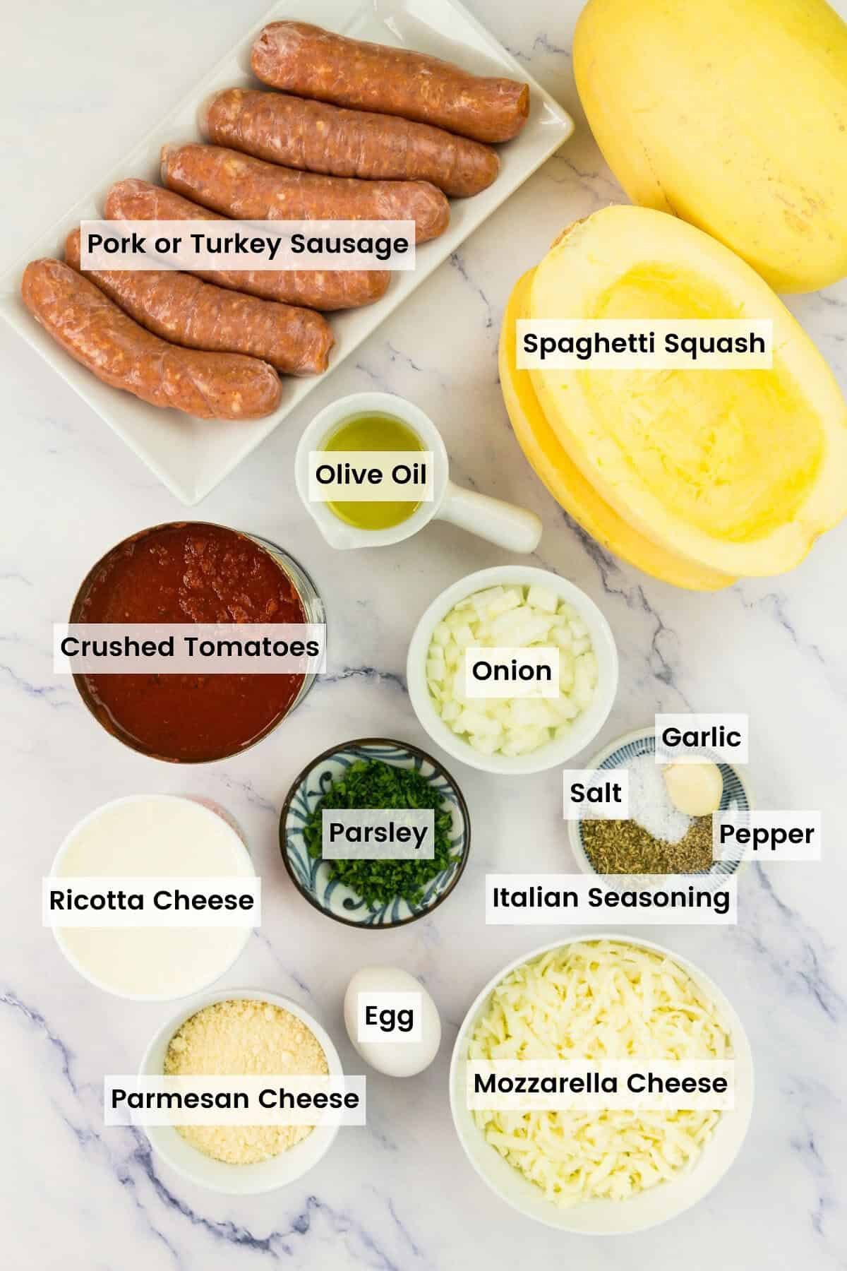 The ingredients for spaghetti squash lasagna are portioned out and labeled.