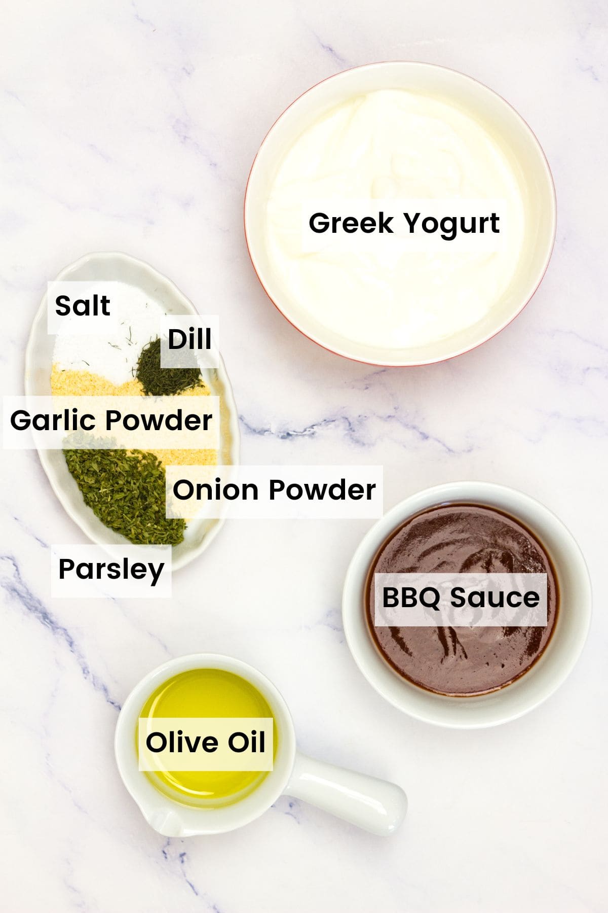 Ingredients for BBQ ranch dressing including Greek yogurt are text-labeled.
