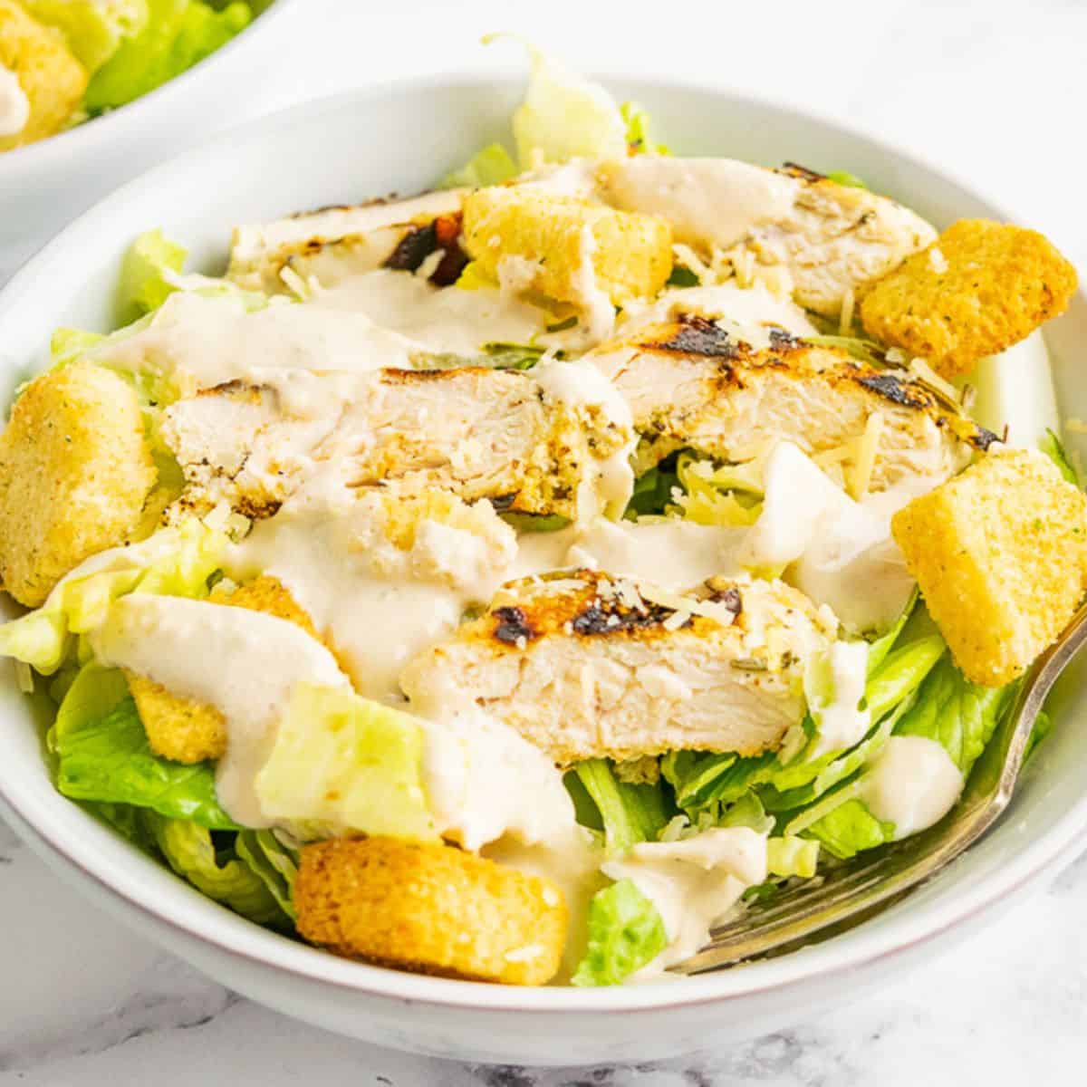 Dressing is drizzled over a bowl of chicken caesar salad.