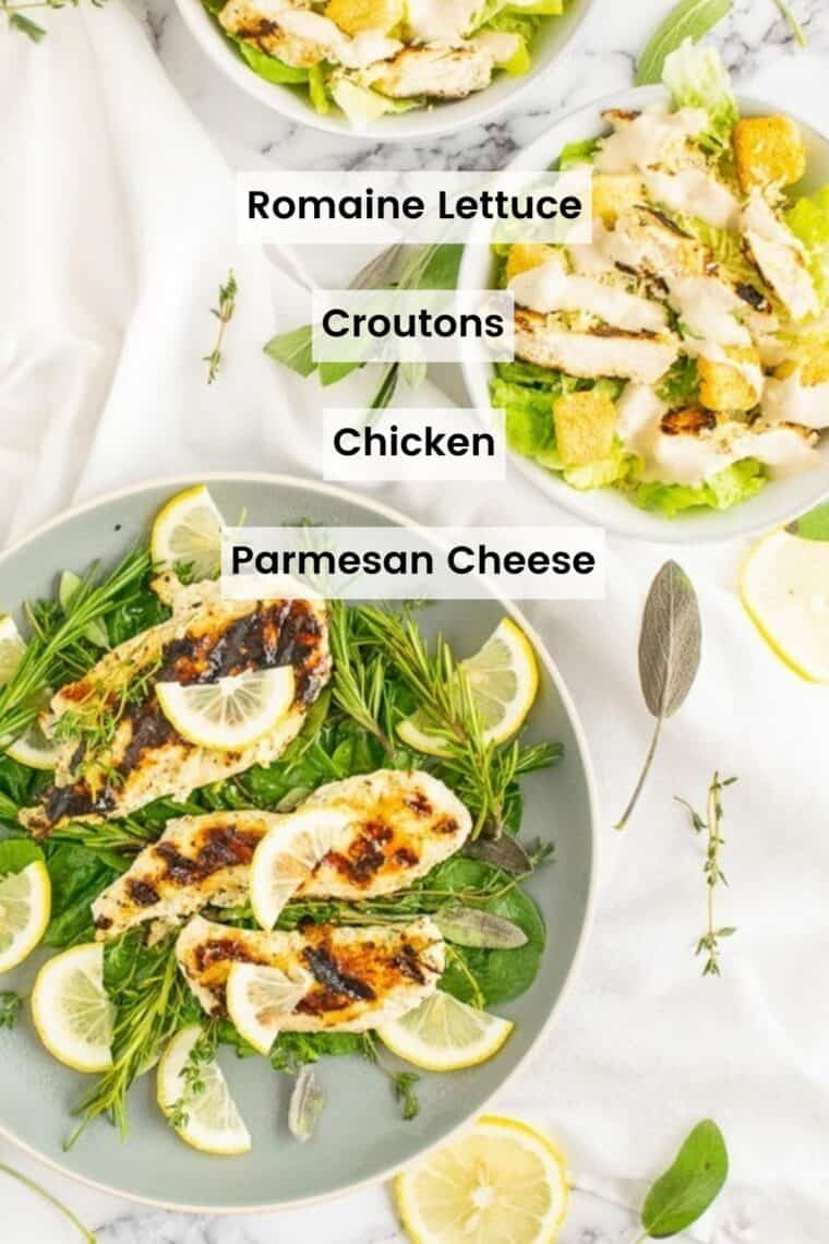 Ingredients for chicken caesar salad are text-labeled.