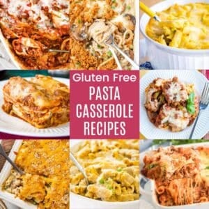 A three-by-three collage of photos of baked macaroni and cheese, chicken tetrazzini, tuna noodle casseroles, ziti, lasagna, stuffed shells, and more with a pink box in the middle with text that says "Gluten Free Pasta Casserole Recipes".