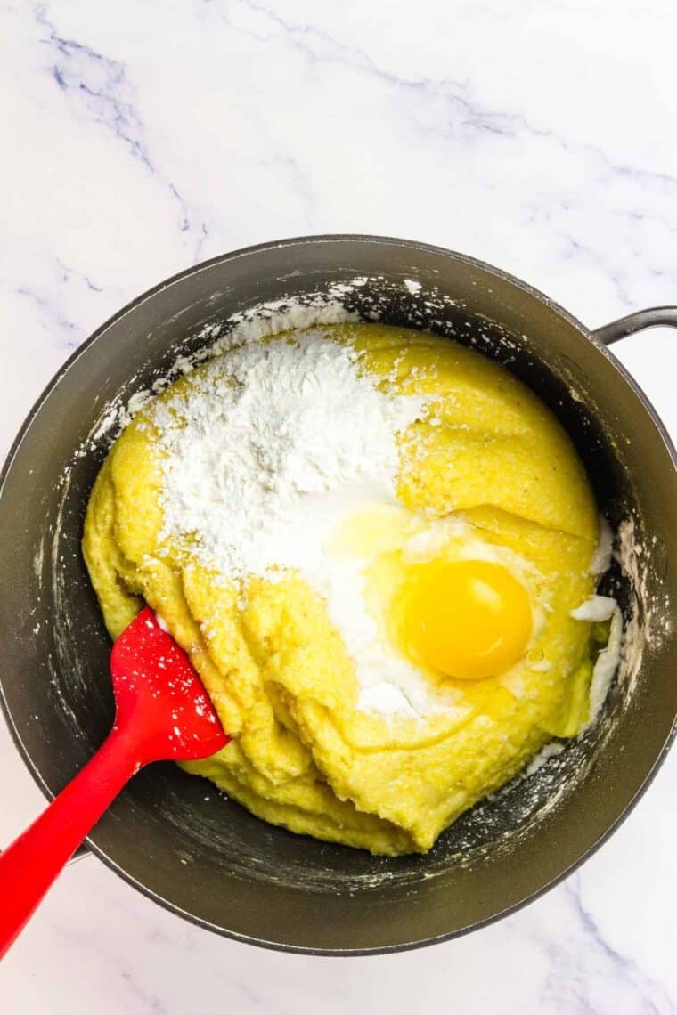 Cornstarch and eggs are stirred into cornmea.
