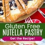 A a sliced ring of cream cheese and Nutella filled pastry and a slice on a red polka dot plate divided by a green box with text overlay that says "Gluten Free Nutella Pastry" and the words "Get the Recipe!".