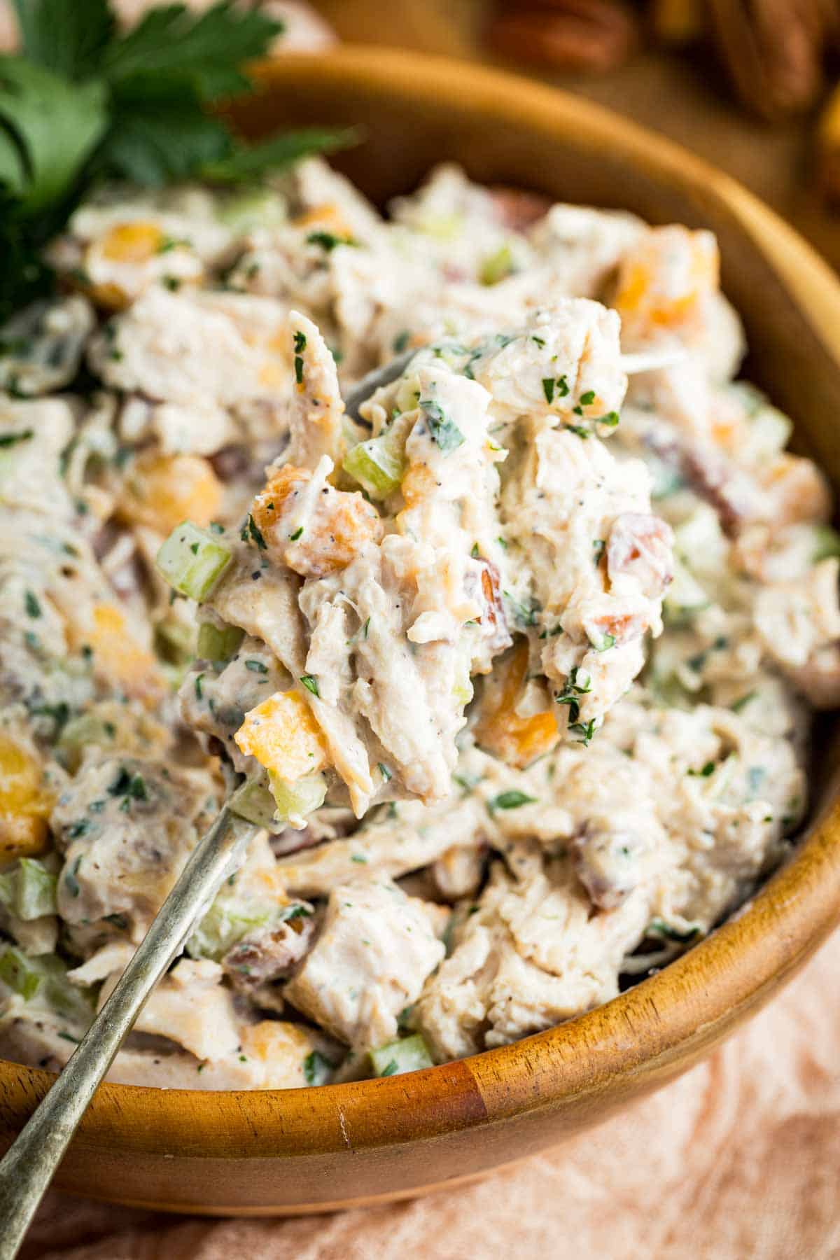 Pecan chicken salad with peaches in a bowl.