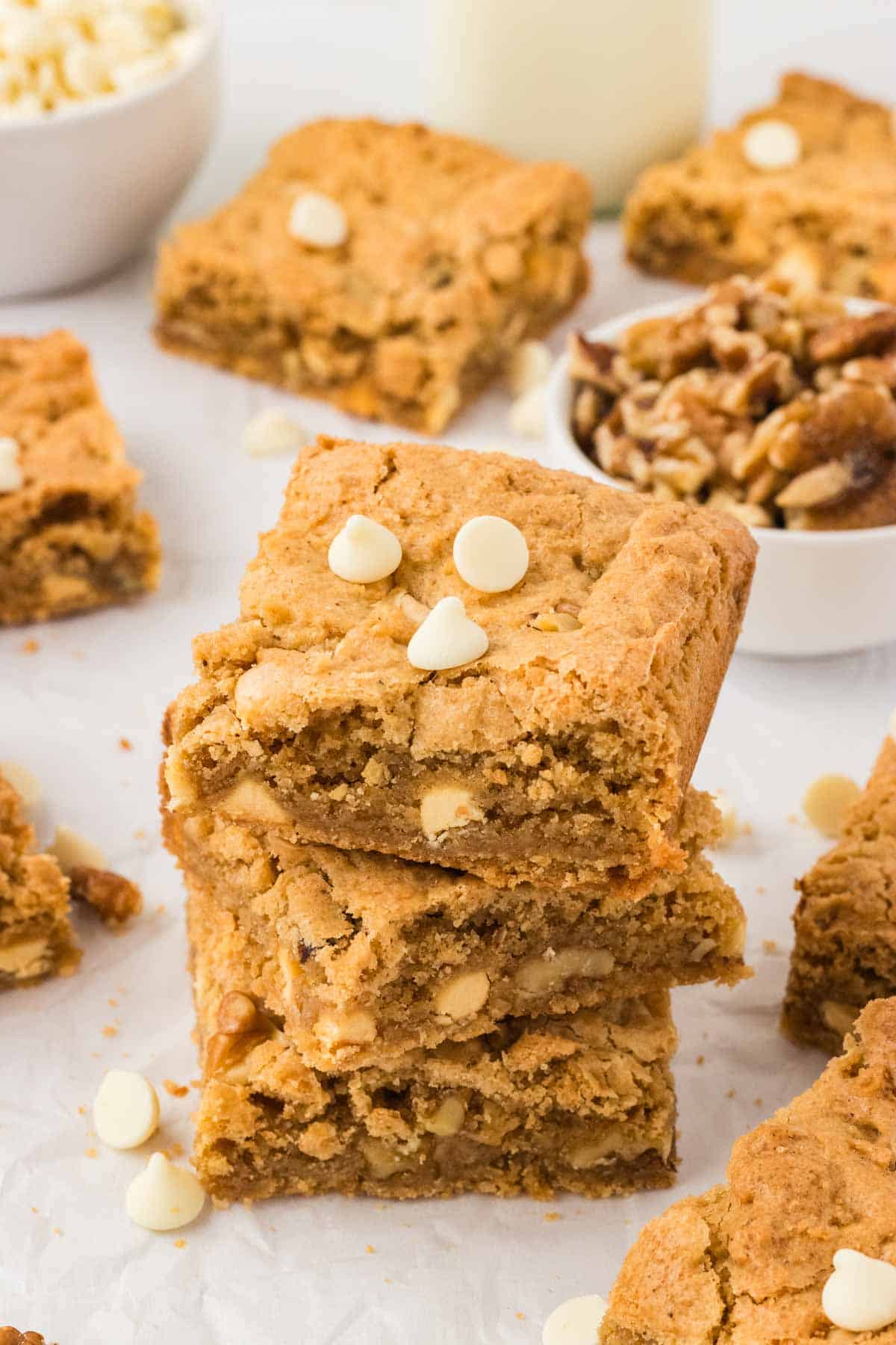 White chocolate chips top gluten free blondies.