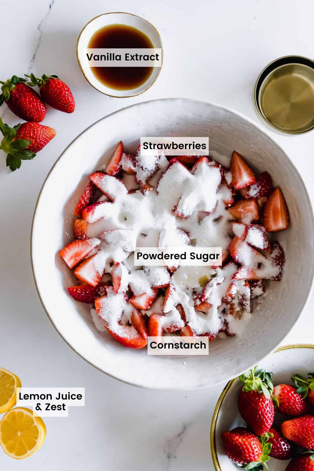 Ingredients to make a strawberry crumble filling.