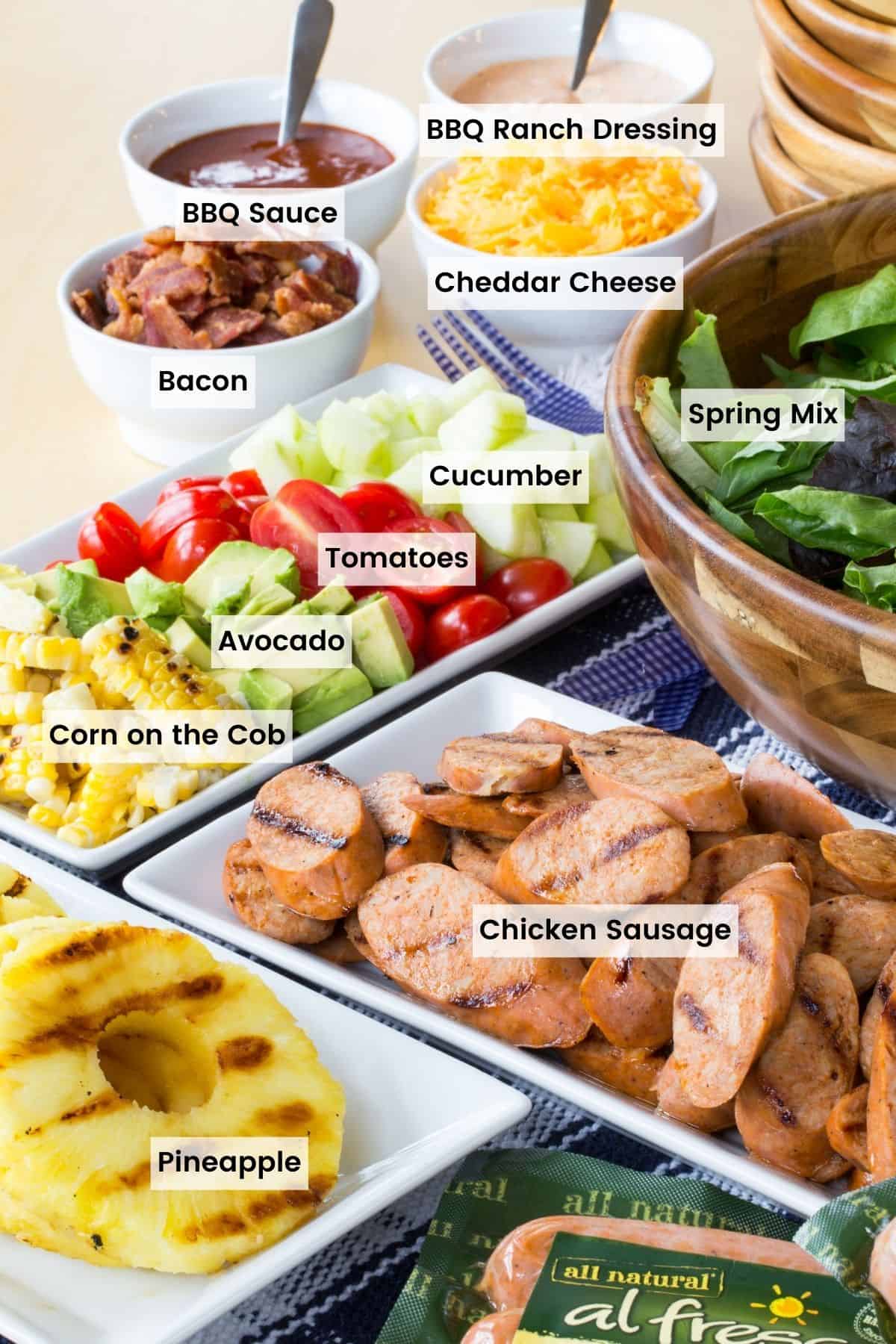 Ingredients for grilled chicken sausage salad are text-labeled.