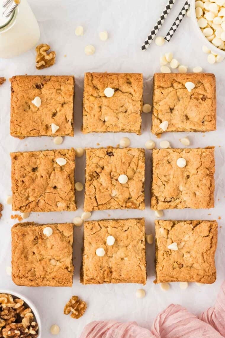 Gluten free blondies cut into 9 squares.