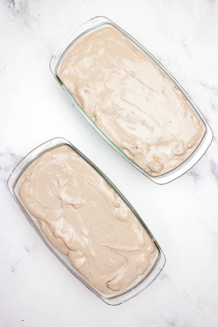 Brownie batter ice cream base placed in a 2 loaf pans.