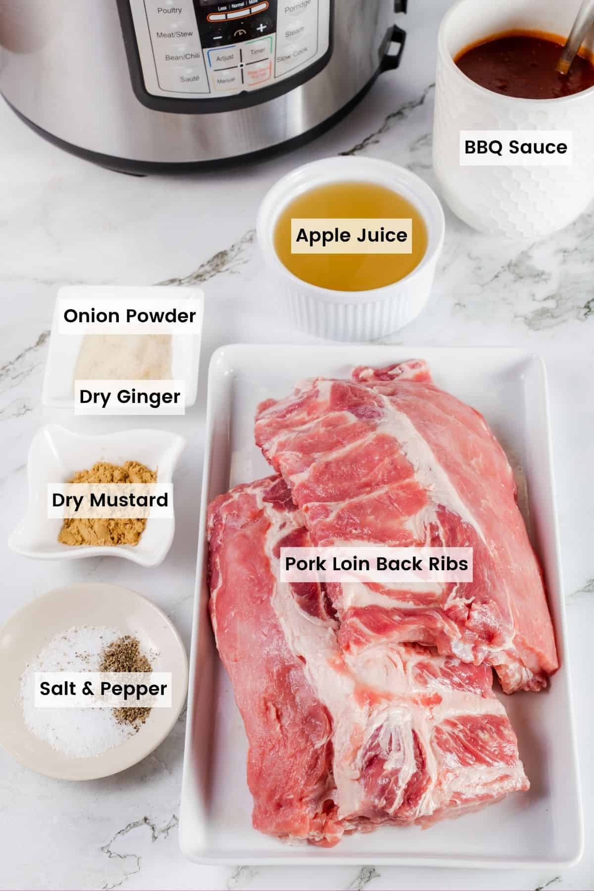Baby Back Ribs, Ground Ginger, Tomato Paste and the Rest of the Rib Ingredients on a Marble Countertop with an Instant Pot with text labels.