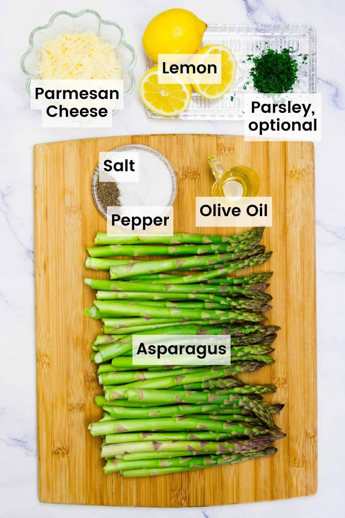 The ingredients for lemon parmesan asparagus are text-labeled.