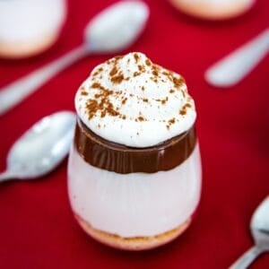 One of the No-Bake Nutella Cheesecake Cups on a red napkin with mini spoons scattered around it.