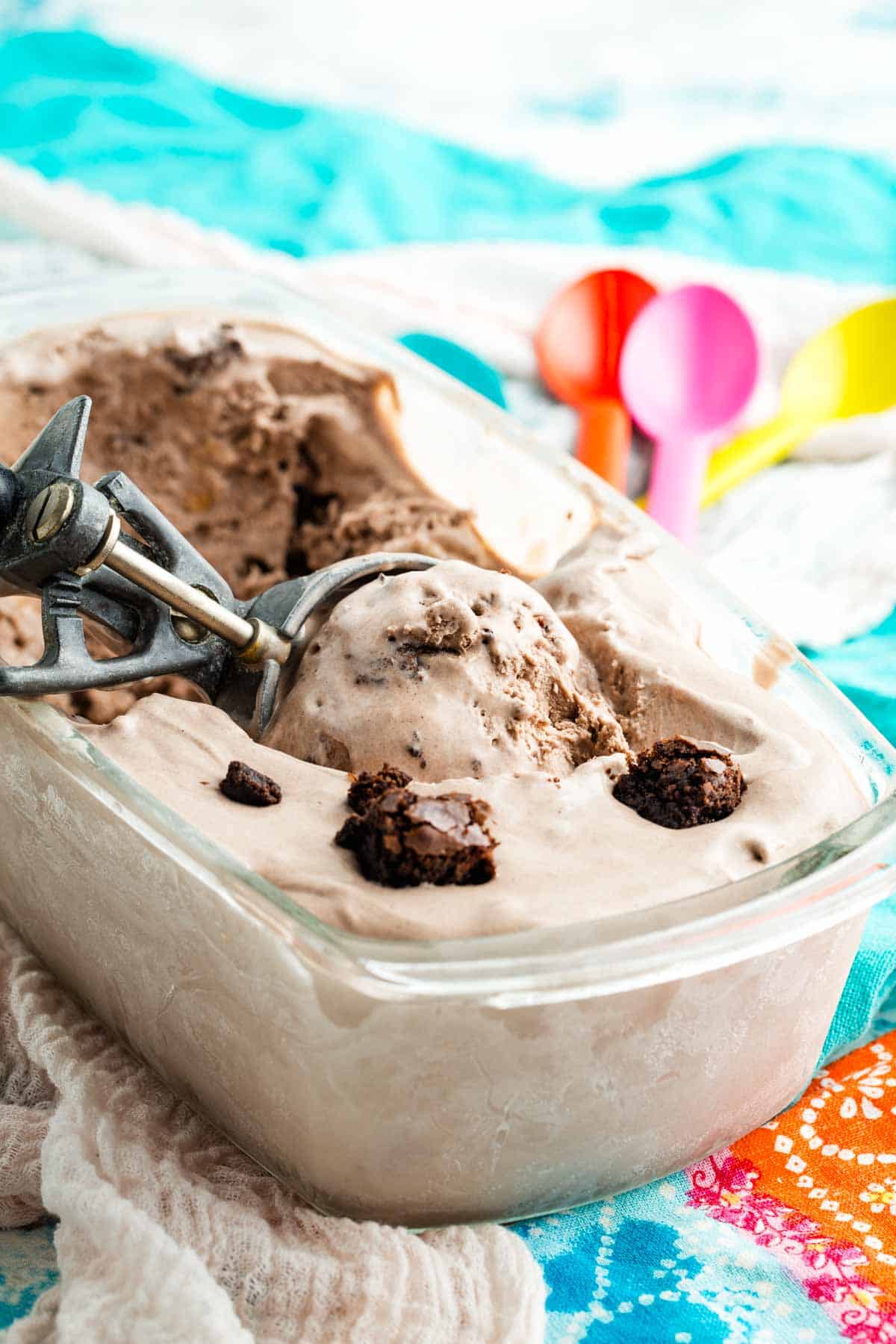 A glass loaf pan full of no-churn brownie batter ice cream.