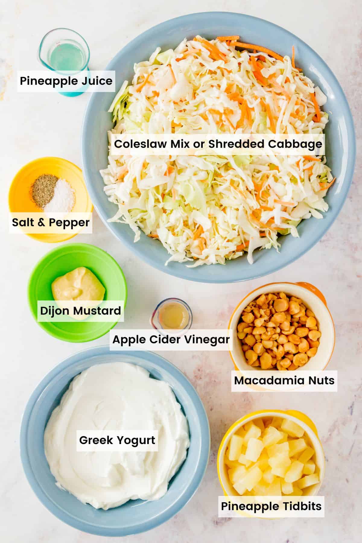 Bowls and measuring cups of ingredients to make pineapple coleslaw with text labels.