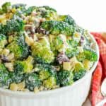 Broccoli apple salad in a serving bowl.