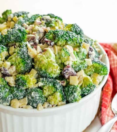 Broccoli apple salad in a serving bowl.