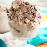 Scoops of chocolate ice cream in a fancy glass dish with text overlay that says "No-Churn Brownie Batter Ice Cream".