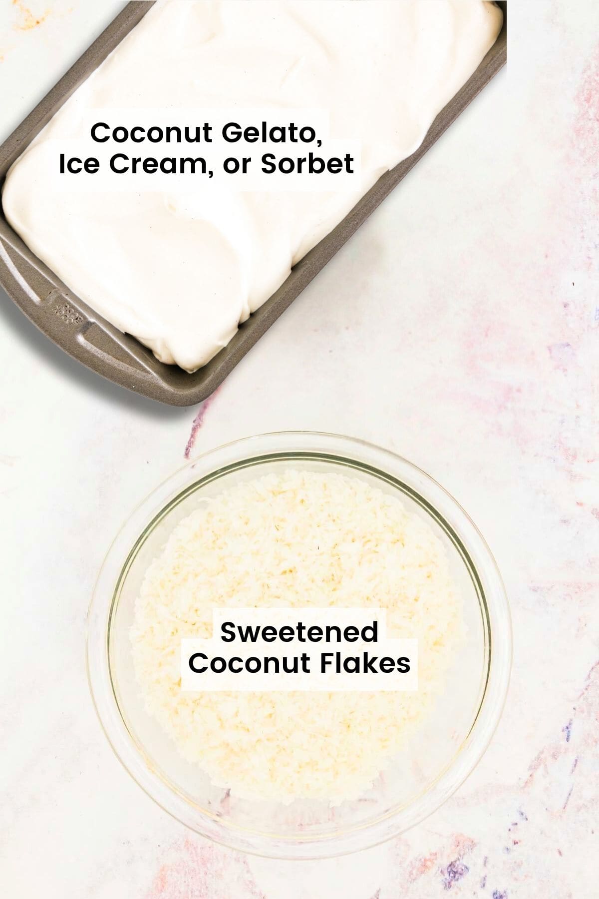 A container of ice cream and a bowl of coconut flakes.