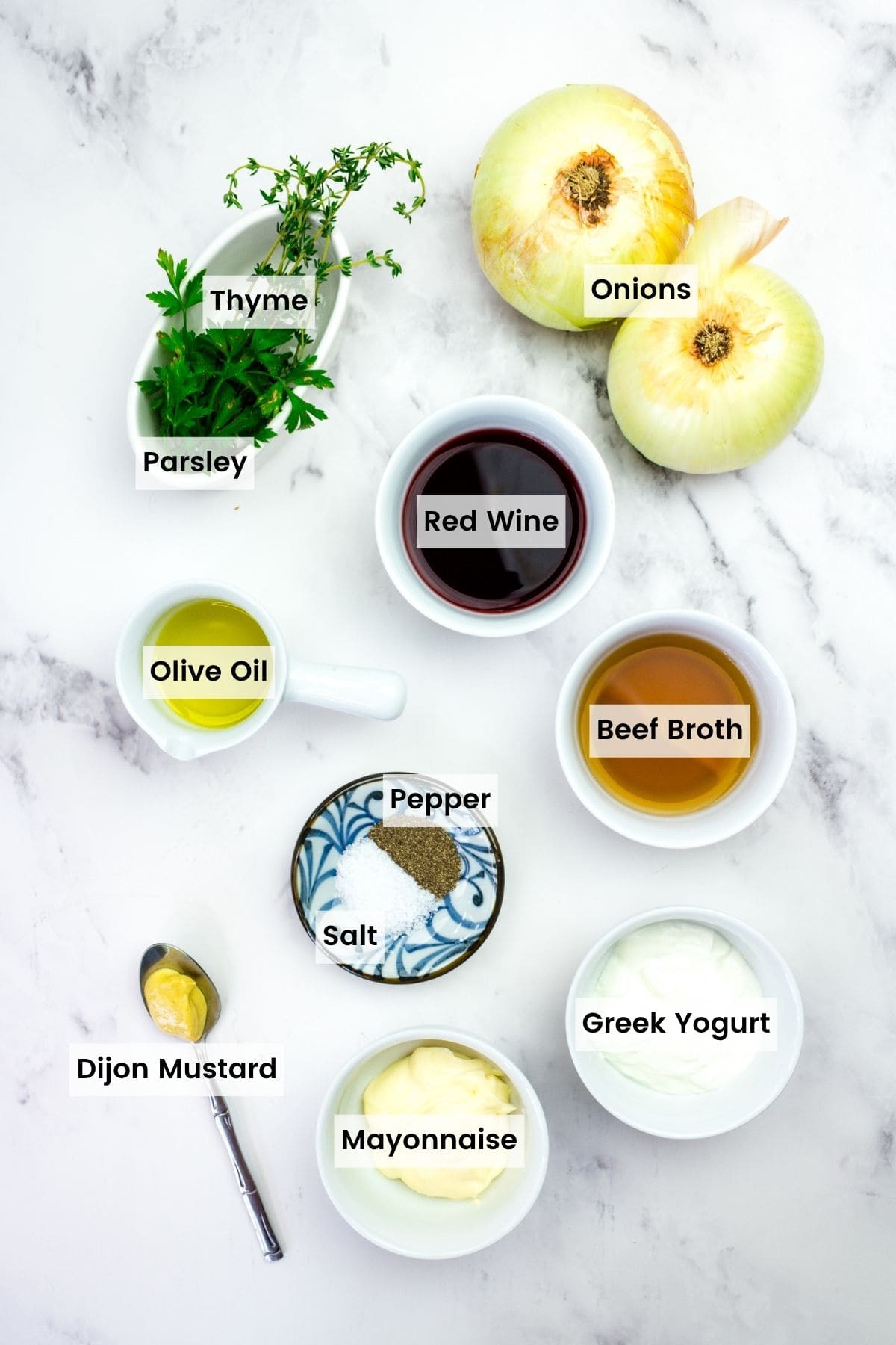 Labeled ingredients for caramelized onions and caramelized onion spread for French onion burgers.