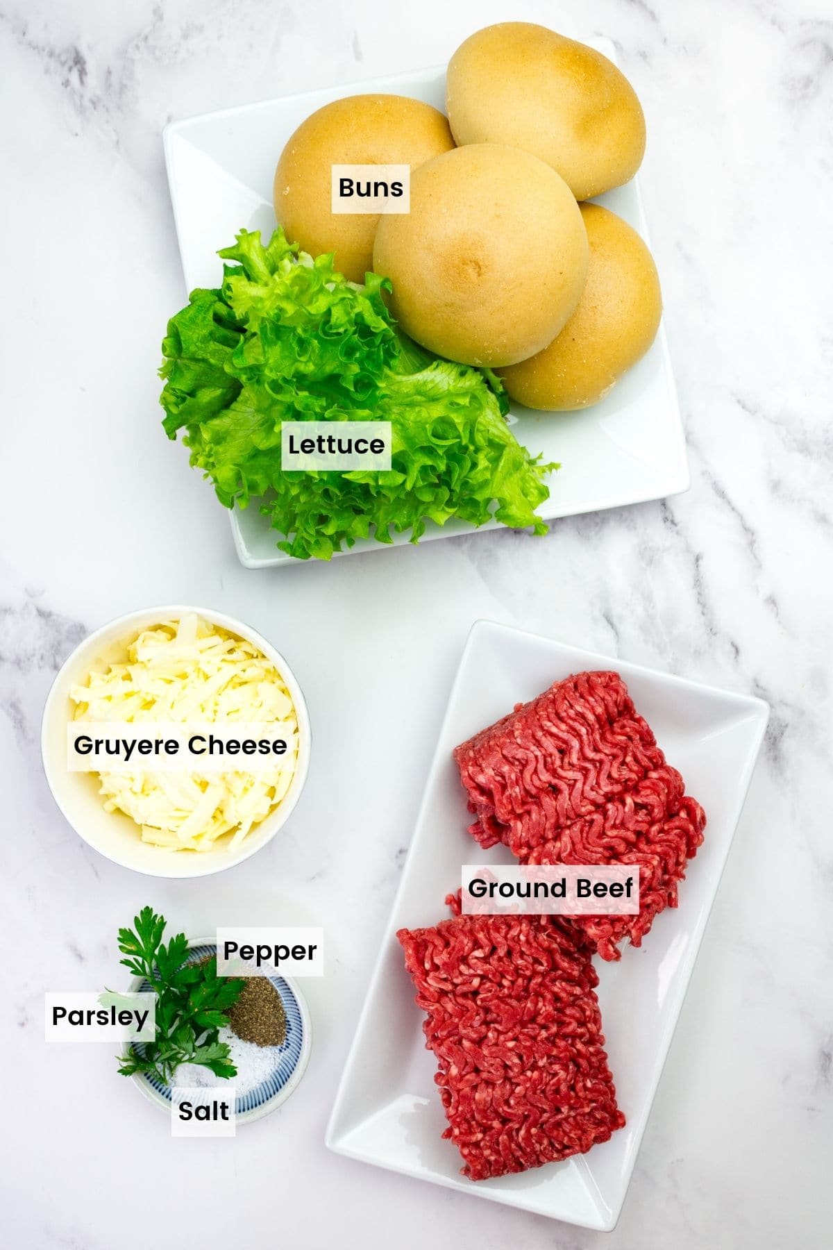 Labeled ingredients for French onion burgers.