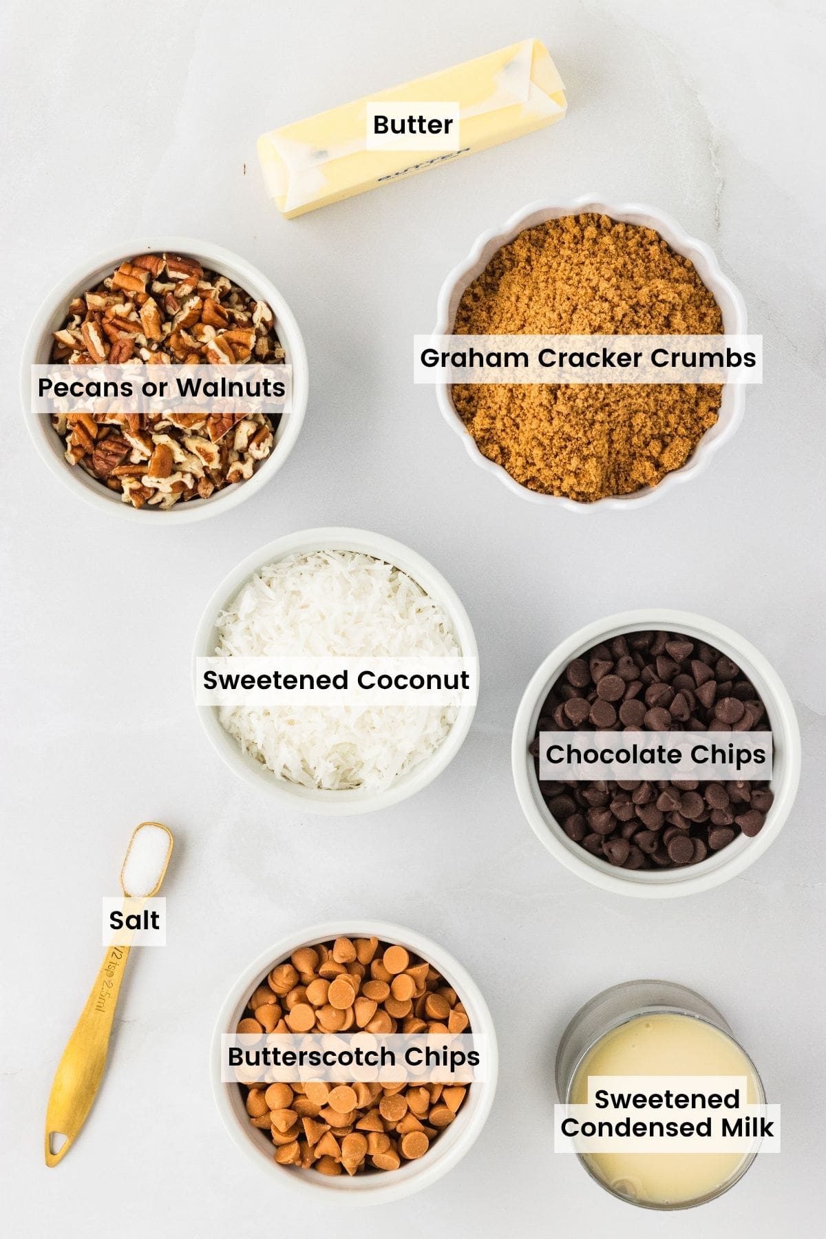 Labeled ingredients for gluten-free 7 layer bars.