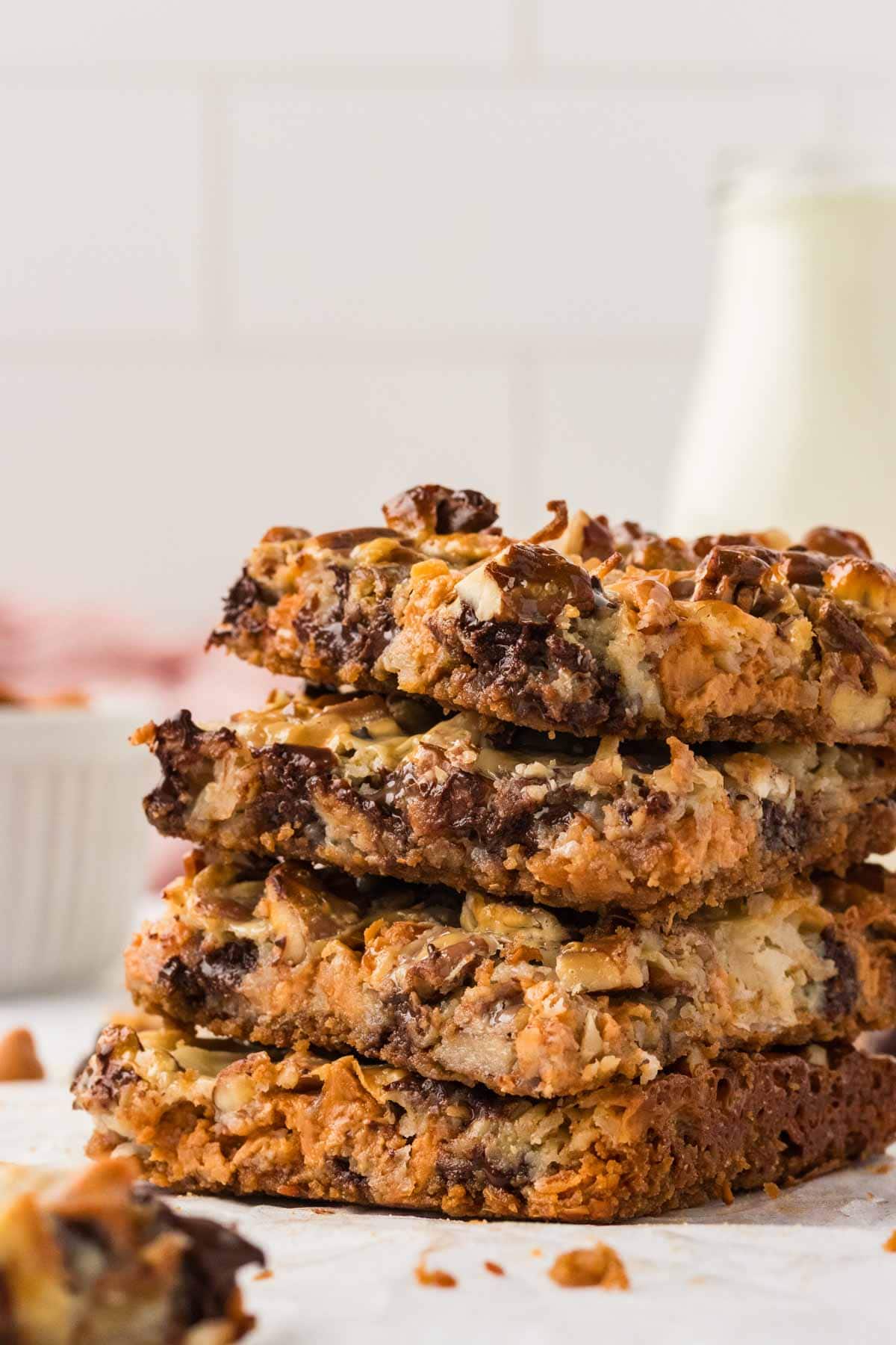 Closeup image of a stack of 7 layer bars.