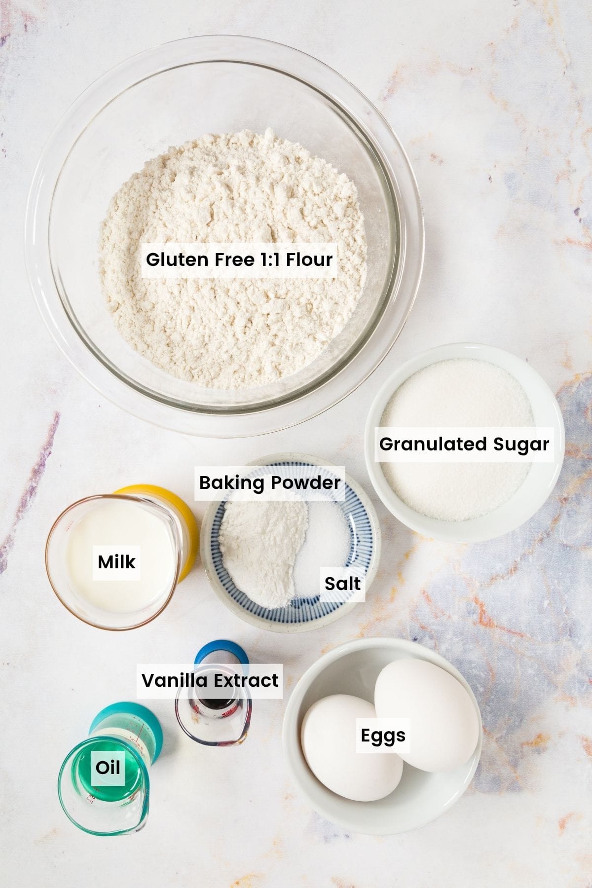 Ingredients for the cake batter with text labels.