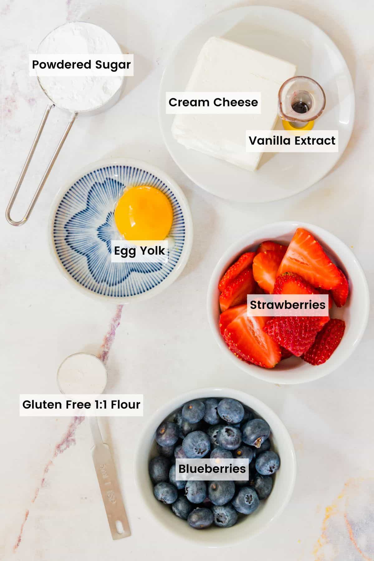 Ingredients for the berry and cream cheese filling with text labels.