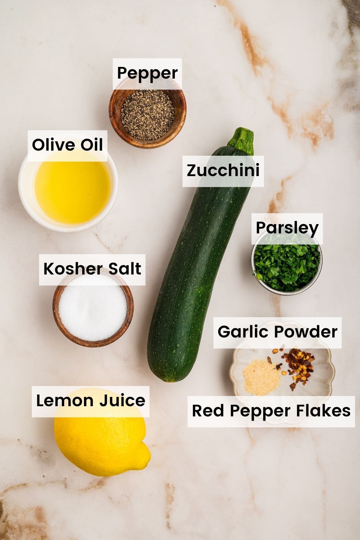 Labeled ingredients for grilled zucchini.