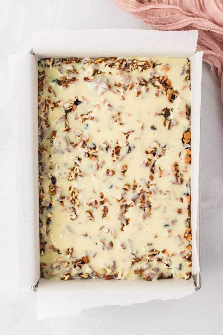 7 layer bars ready to go in the oven.