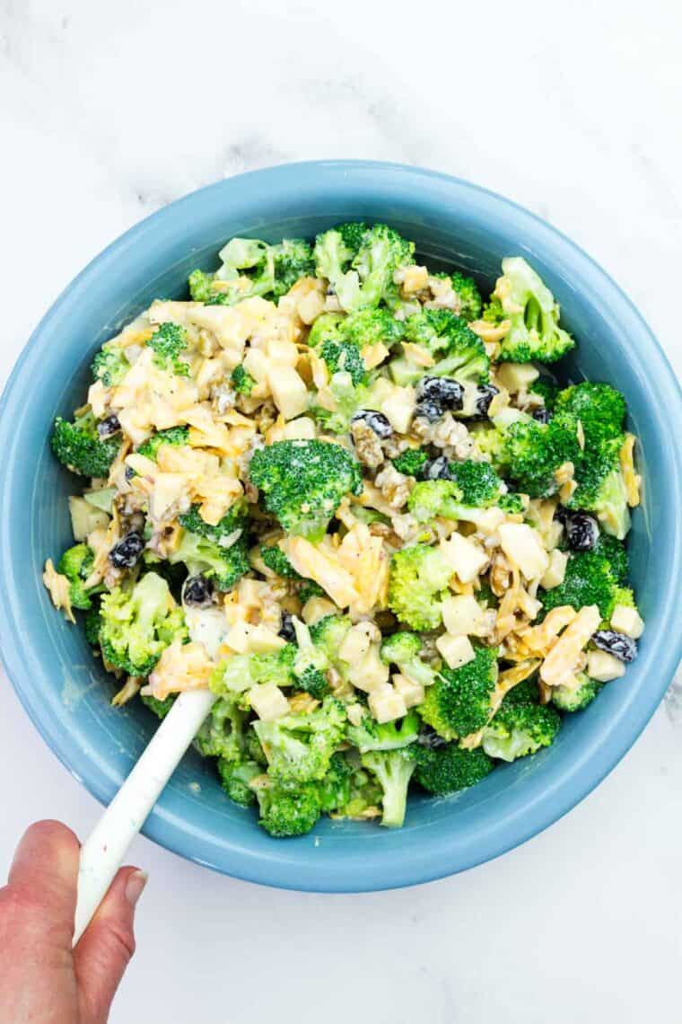 Tossing broccoli apple salad in dressing.