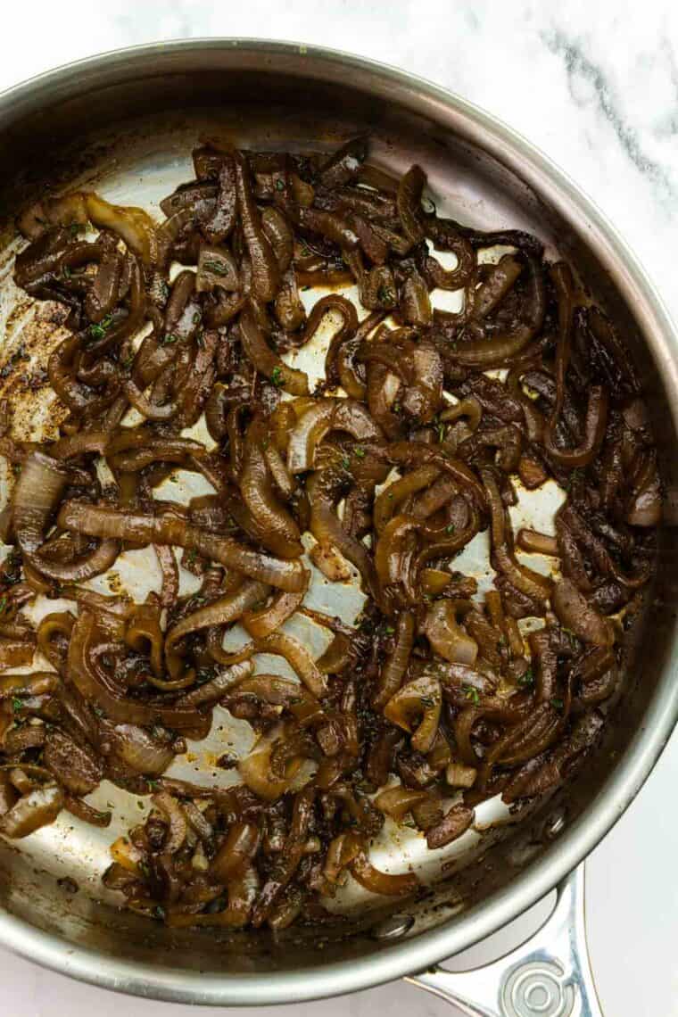 Caramelized onions in a skillet.