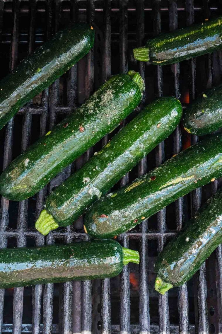 Zucchini, cut-side-down, on the grill.