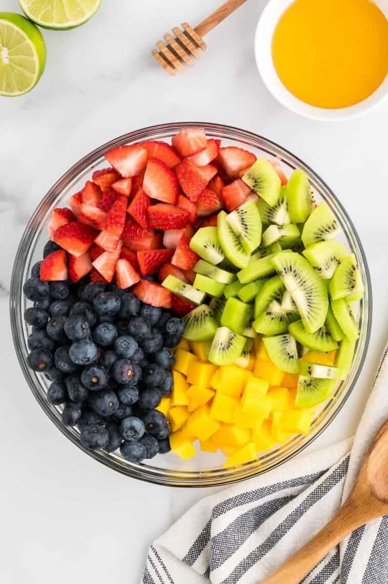 Blueberries, mangos, kiwi, and strawberries in a bowl.