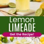 A couple glasses of lemonade and a pitcher of it with lemon and lime slices divided by a green box with text overlay that says "Lemon Limeade" and the words "Get the Recipe!".