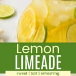 A pitcher of lemonade with lemon and lime slices and an overhead of a glass of it with a paper straw divided by a green box divided by a green box with text overlay that says "Lemon Limeade" and the words "sweet, tart, and refreshing.