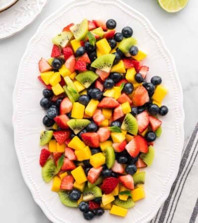 Overhead image of mango berry fruit salad.